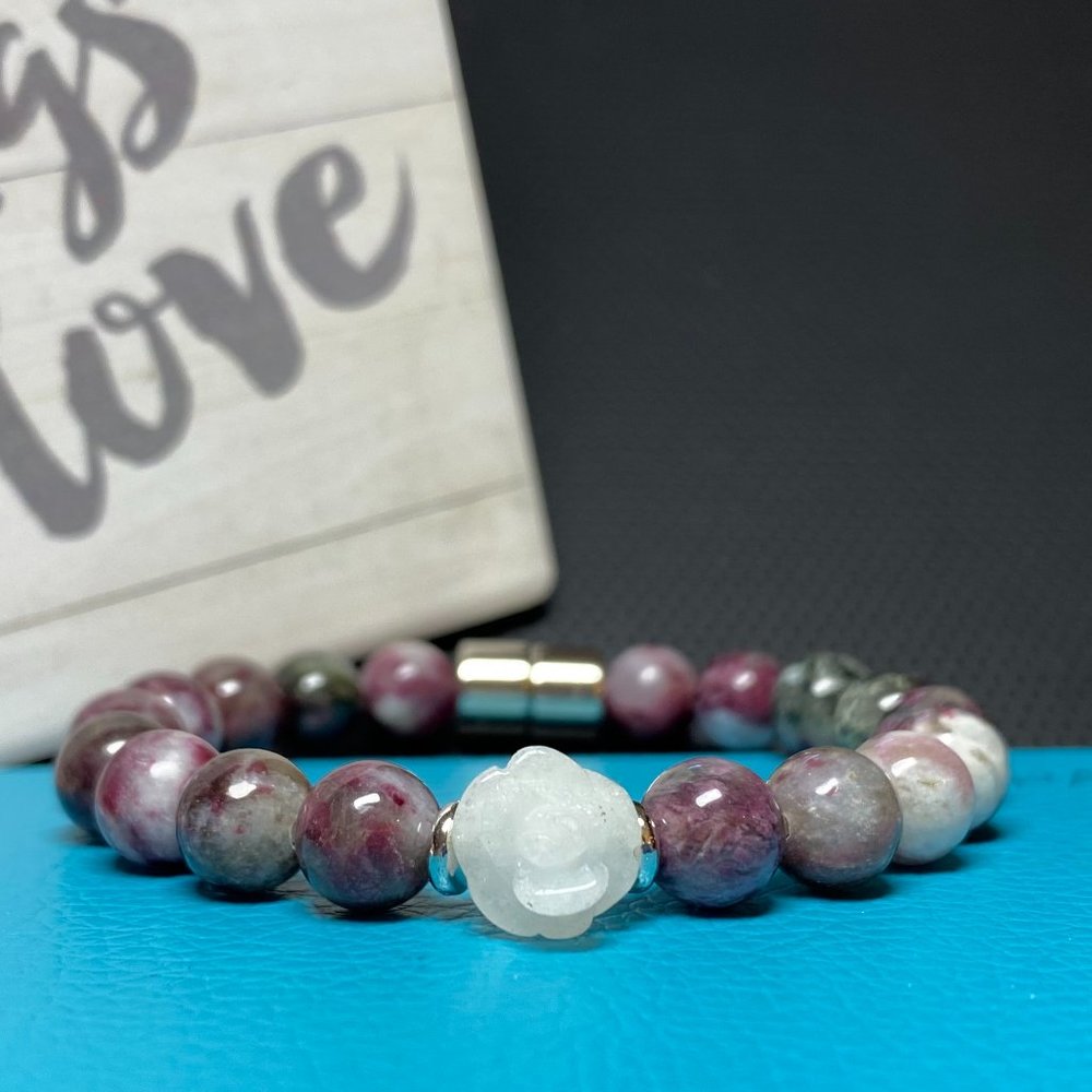 Natural Madagascar Eudialyte & White Jade Rose Gemstone Healing Bead Bracelet